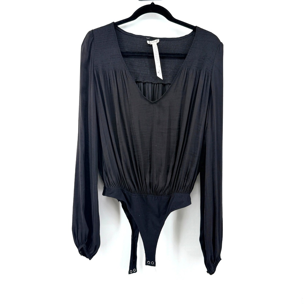 Intimately Free People Bodysuit Smocked V-Neck Medium Black Women Long Sleeve